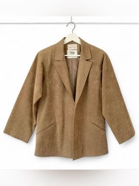 1960s 1970s faux suede tan blazer by Abe Schrader with golden cross pin